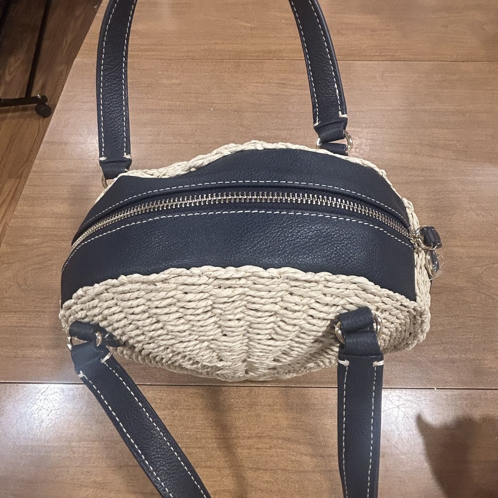 Talbots Backpack Bag Womens Medium Beige Straw Navy Faux Leather Beach Purse - Picture 7 of 7